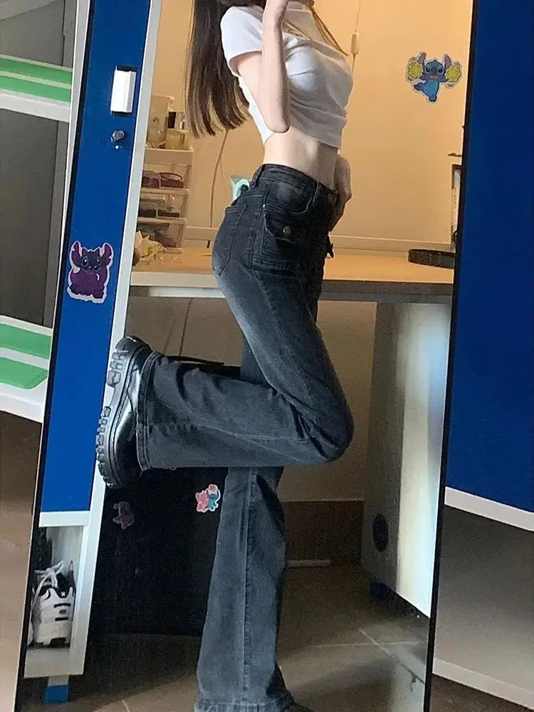 

High Waist Floor-Length Blue ey Denim Pants American Retro Design Women's Bootcut Jeans Autumn Faion Ladies Premium