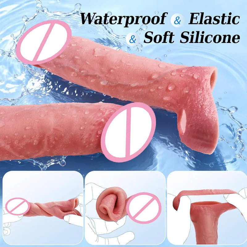 Realistic Soft Cock Ring Penis Sleeves Male Delay Reusable Ejaculation Dildo Enlarger Sex Toys Lock Penisring Adult Male Couple view 5