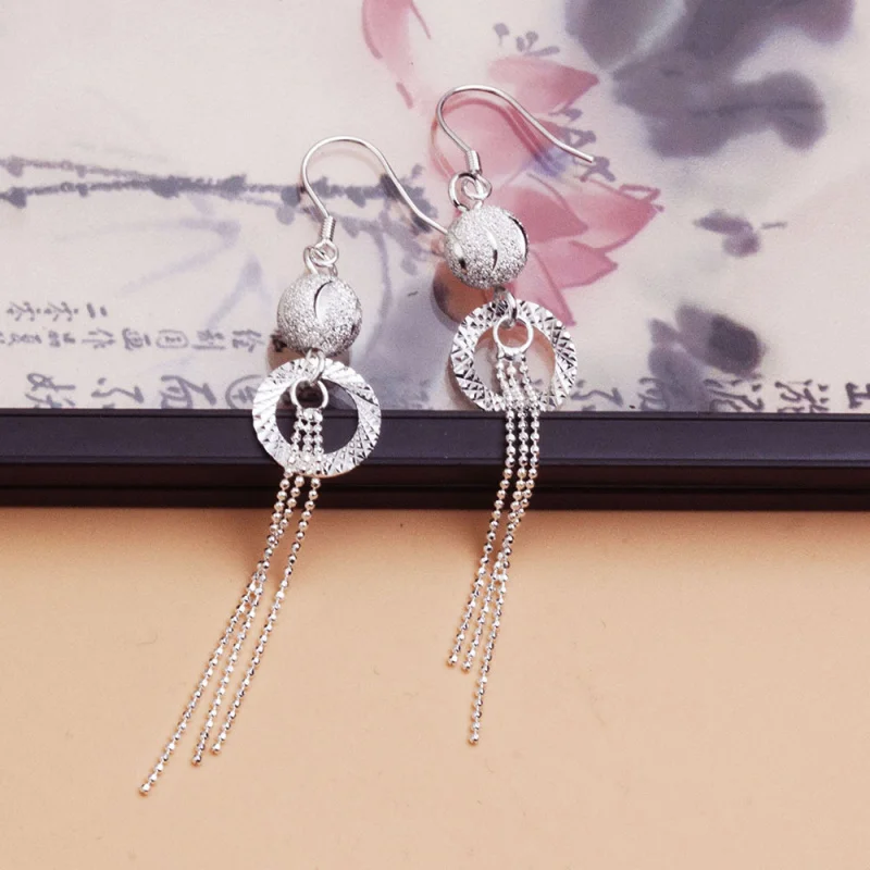 999 Women Tassel Minimalist Style Long Pendant Silver Thread Lucky Earrings Jewelry