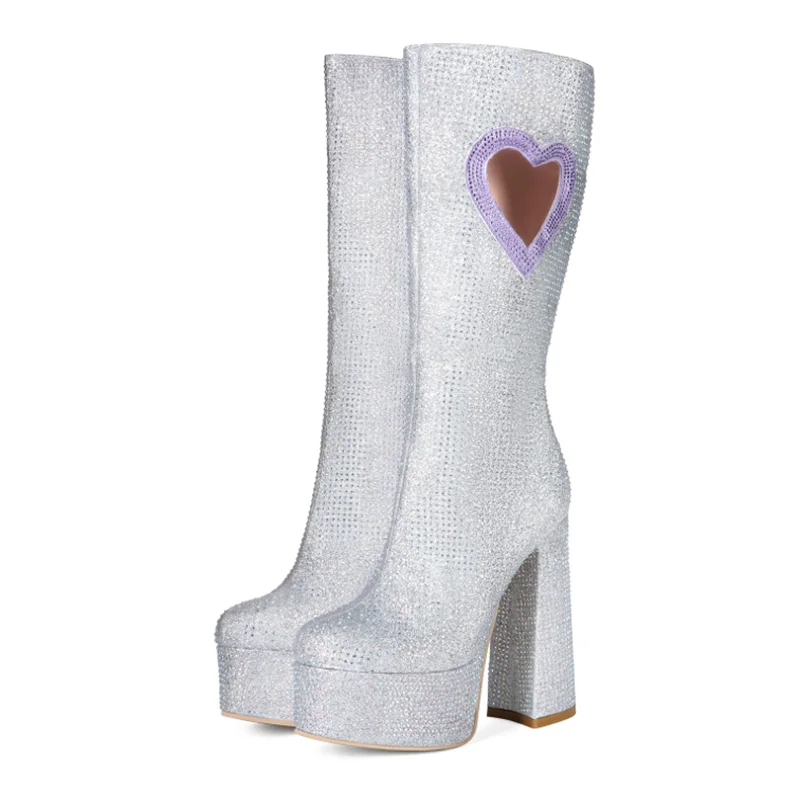 

Silver Rhinestone Chunky Heels Boots Round Toe Side Zipper High Platform Low Hollow Knee High Boots Female Footwears