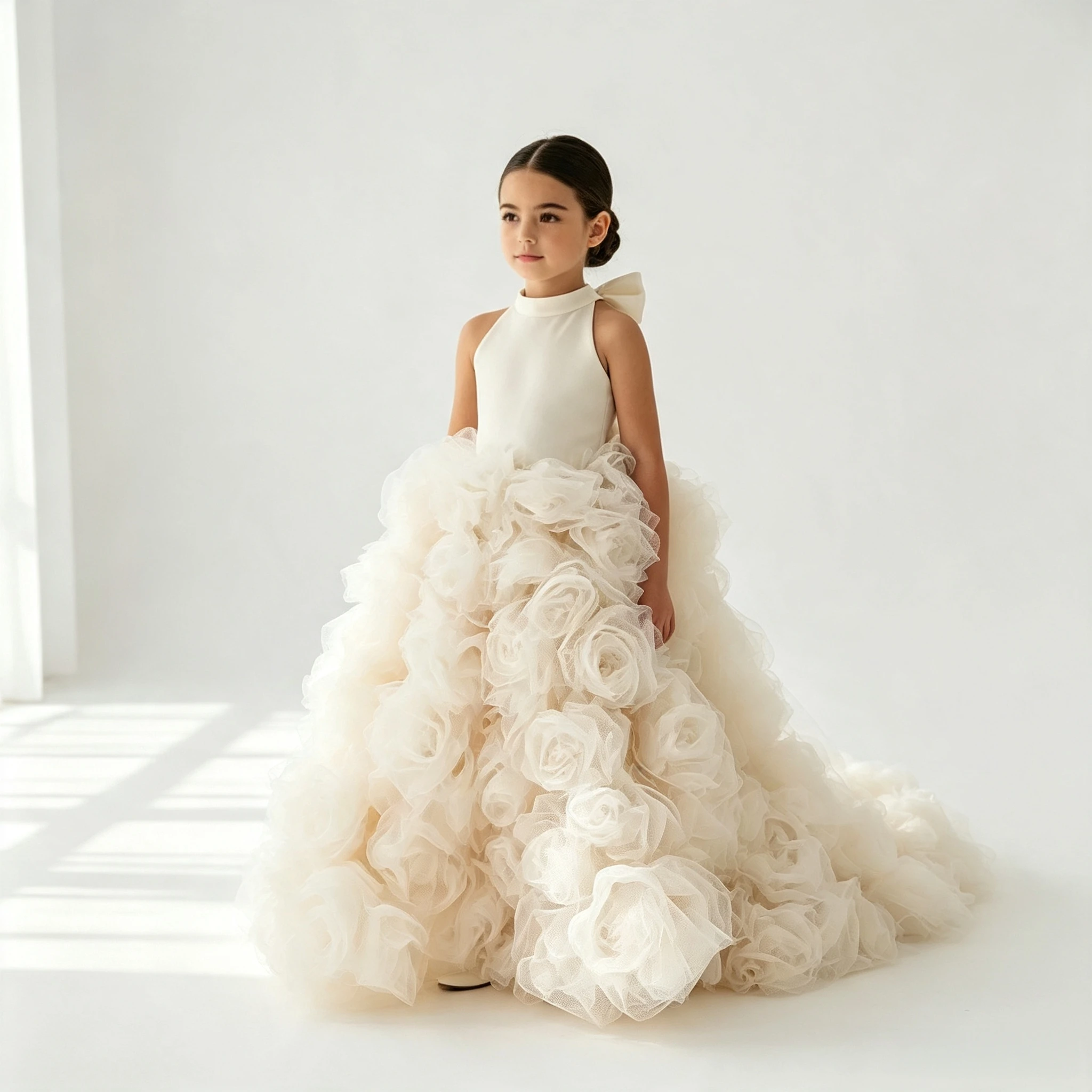 Kids Flower Girl Dress Luxury White Ivory 3D Large Flower Flower Girl Dress Princess Birthday Wedding Party Children Holi Dubai