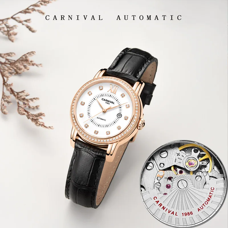 CARNIVAL Brand Luxury Women Mechanical Watch Ladies Fashion Automatic Wristwatches Waterproof Crystal Sapphire Clock Reloj Mujer