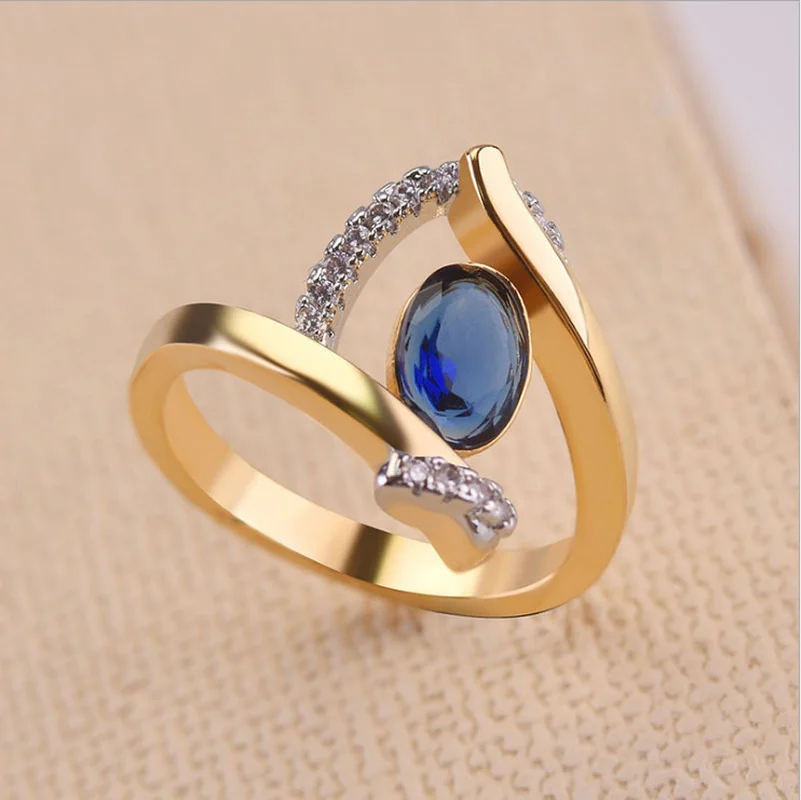 Creative Fashion Blue Stone Wedding Ring for Women Exquisite Gold Color Inlaid White Zircon Stones Engagement Ring Jewelry - Image 5