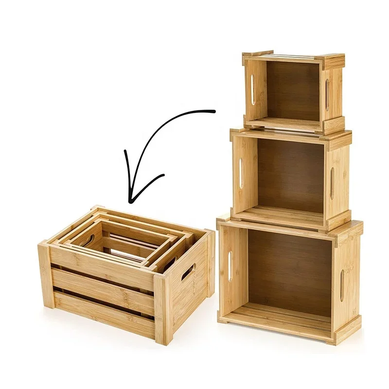 Rustic Open Top Wood Storage Box Set of 3-Decorative Nesting Bin with Handles for Home Organization & Decor