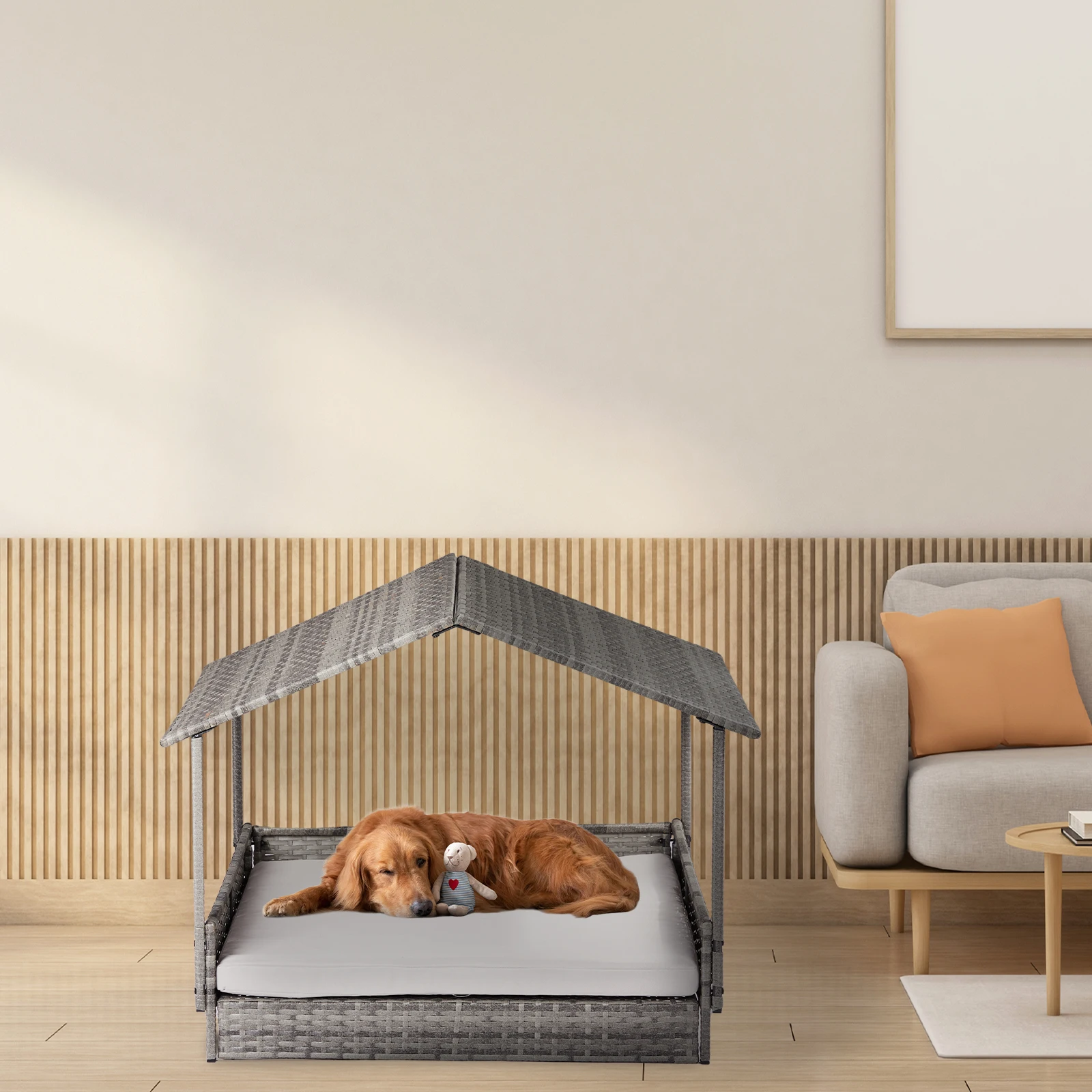 Casetta per cani in vimini, letto per cani in rattan rialzato con baldacchino e fodera per cuscino lavabile, casetta per animali rialzata per interni ed esterni