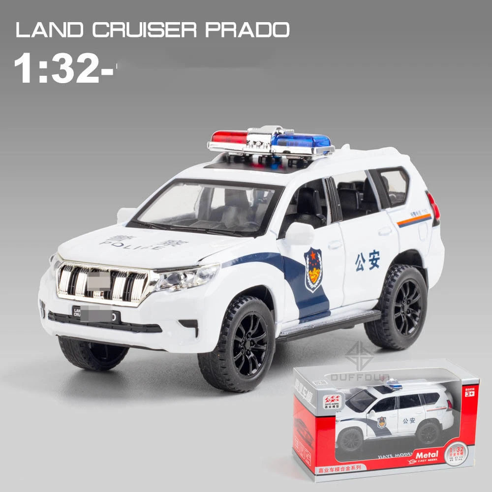 1/32 Alloy Diecasts Prado Police SUV Car Model Toy With Sound And Light 6 Doors Opened Pull Back Metal Vehicles Children Toys