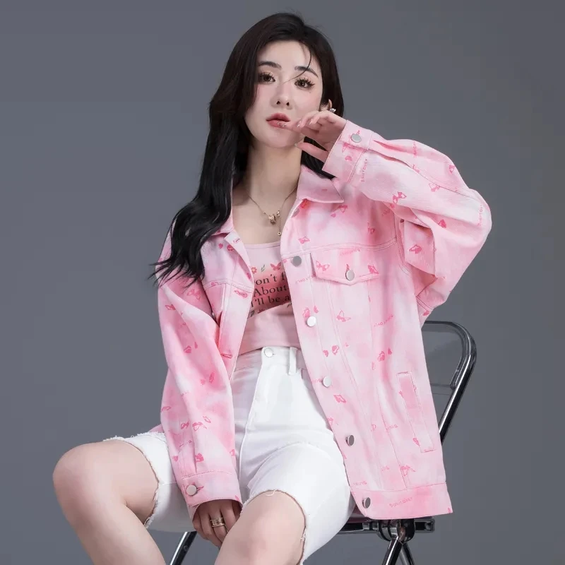 Pink Butterfly Printed Denim Jackets For Women New Outerwear New Spring And Autumn Casual Shoulder Sleeves Small Women's Jacket