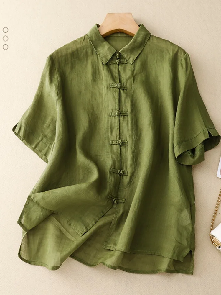 

Новая женская рубашка в китайском стиле, однотонная, легкая, дышащая, повседневная, льняная, приталенная, летняя, с воротником, короткий рукав