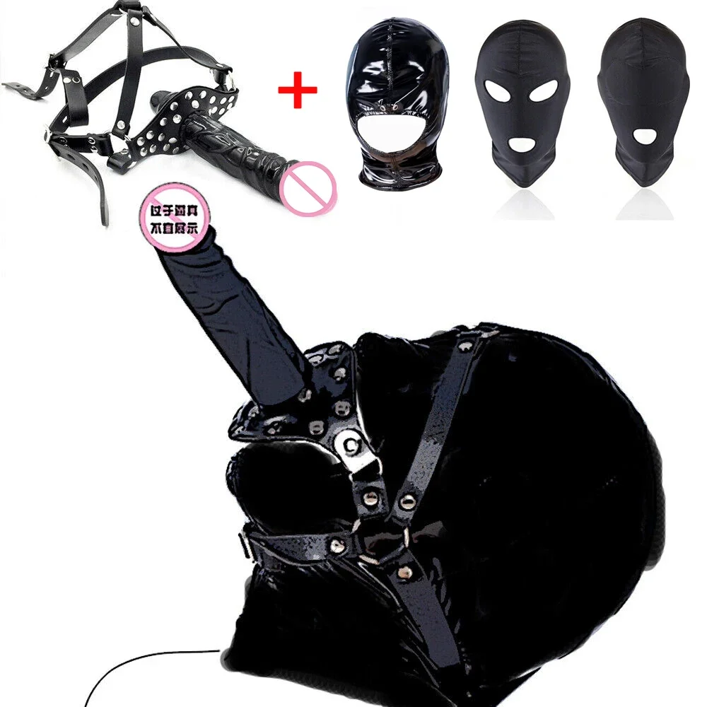 Double-Ended Dildo Pushpin Mouth Gag Deep Throat Plug PU Leather Head Harness Soft Spandex Head Hood Mask BDSM Game Sex Toys