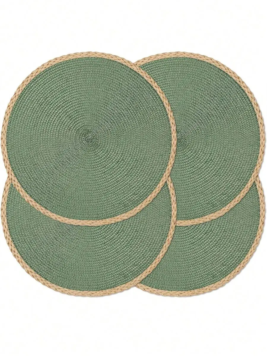 15-Inch Green Round Woven Placemat Set 4pcs Washable Heat-Resistant For Dining Table Indoor Outdoor