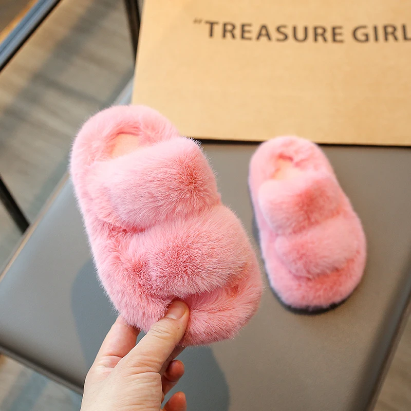 New Children Plush Shoes for Girls Korean Style Thick Sole Parent-child Plush Slippers Korean Style Versatile Cute Princess Flat