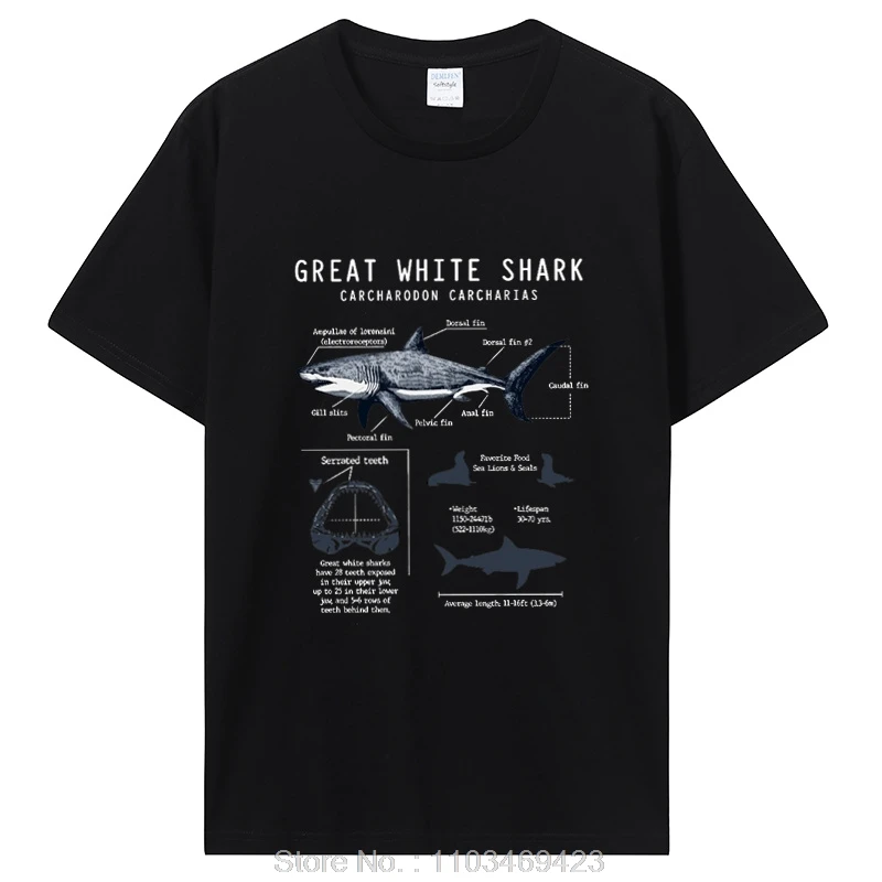 Great White Shark Anatomy Graphic Tee Marine Biologist Nautical Scientific Illustration Shark Lover Fishermen Casual T-Shirt