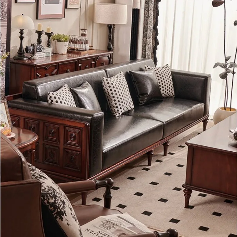 

American medieval style solid wood sofa living room French retro 2.8m four people