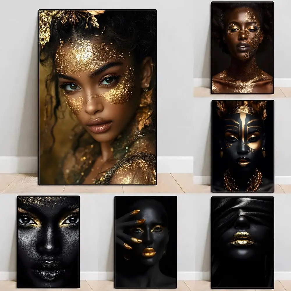 Art Black Skin Woman Golden Makeup Poster Self‑Adhesive Waterproof PP Poster Coffee House Bar Wall Art Sticker Room Home Decor