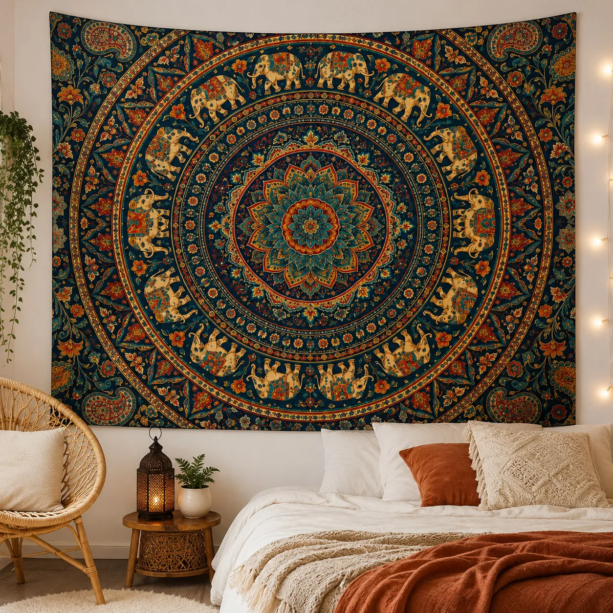 Elephant Mandala Tapestry Boho Indian Wall Hanging Hippie Floral Tapestry for Bedroom Living Room