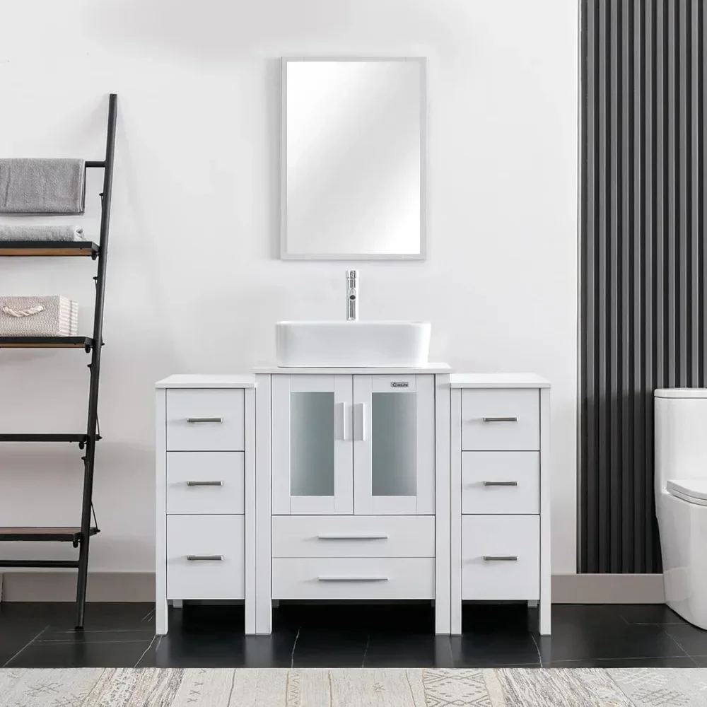 Combinación de lavabo de baño moderno blanco de 48": con gabinetes laterales pequeños, lavabo y agua, grifo de ahorro