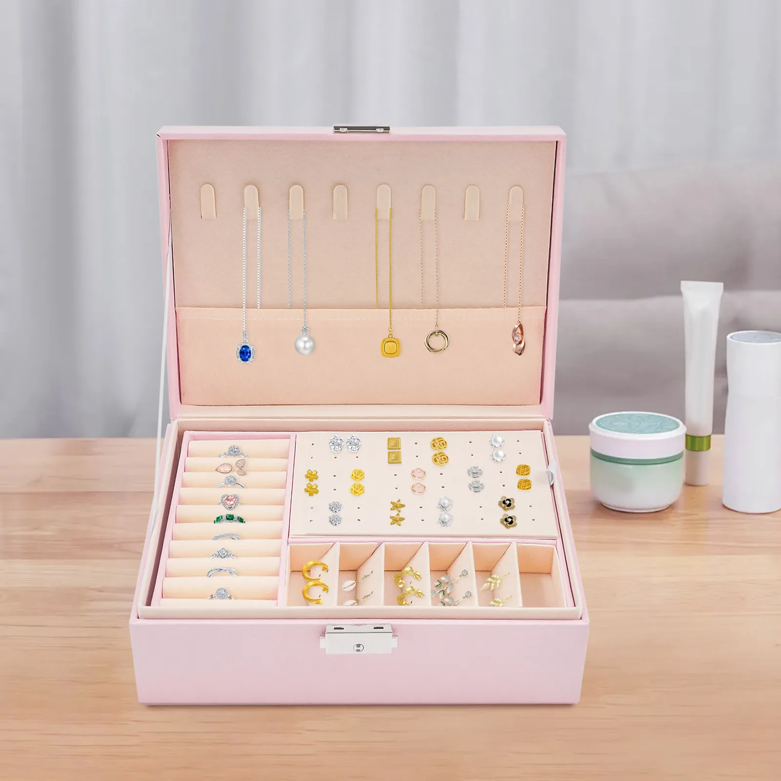 2-lagige abschließbare Schmuckaufbewahrungsbox mit herausnehmbaren Trennwänden, Schreibtisch-Organizer für Ringe, Ohrringe, Armbänder, Halsketten, Broschen, für den täglichen Schmuckaufbewahrungszweck auf dem Schminktisch zu Hause. – Detail 15