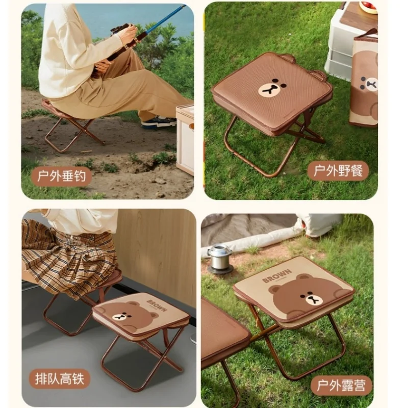 Line Friends Brown Pencil Bag Storage Folding Chair Outdoor Portable Camping Equipment Fishing Picnic Mini Cartoon Queuing Bench