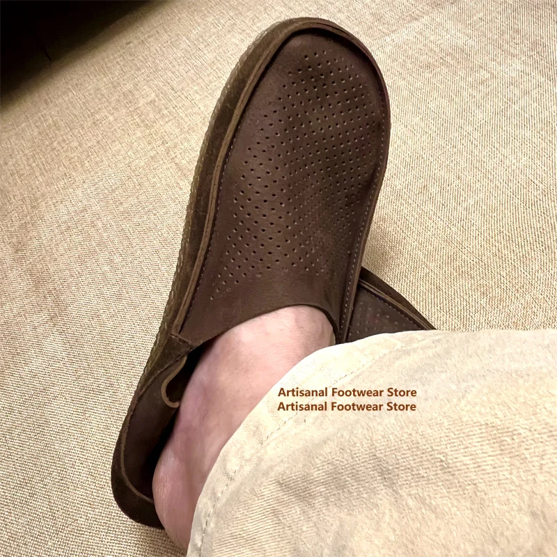 

Hollow Cowhide Loafers Soft Leather Soft Soled Slip On Casual Leather Shoes Genuine Leather Breathable Flats New In Men Shoes