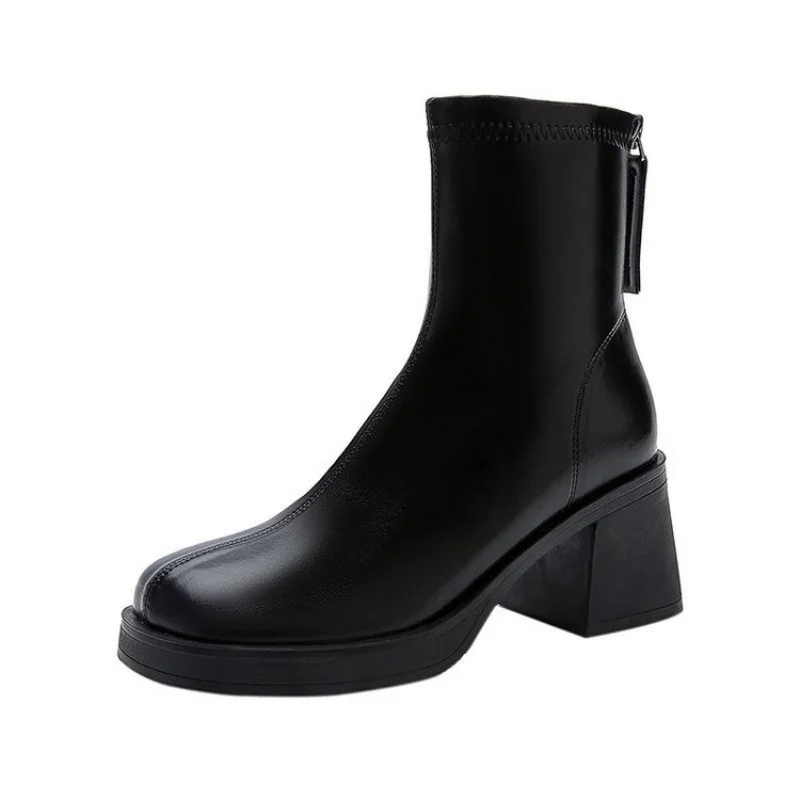 

Autumn and winter new British wind with women's boots fashion round head back zipper tube solid color boots with velvet more war