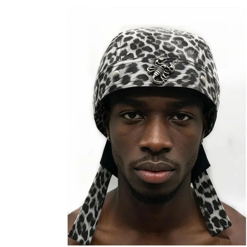Skull Rivet Leather Strap Hat, Leopard Print Biker Cap, Caribbean Pirate Hat for Party