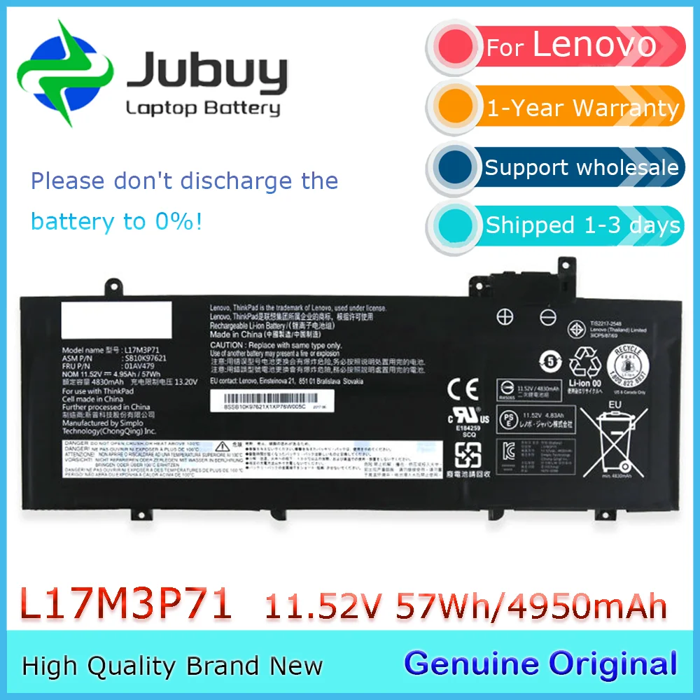 L17M3P71 11.58V 57Wh Original Laptop Battery for Lenovo ThinkPad T480s(20L7002XCD) 01AV480 01AV478 L17L3P71