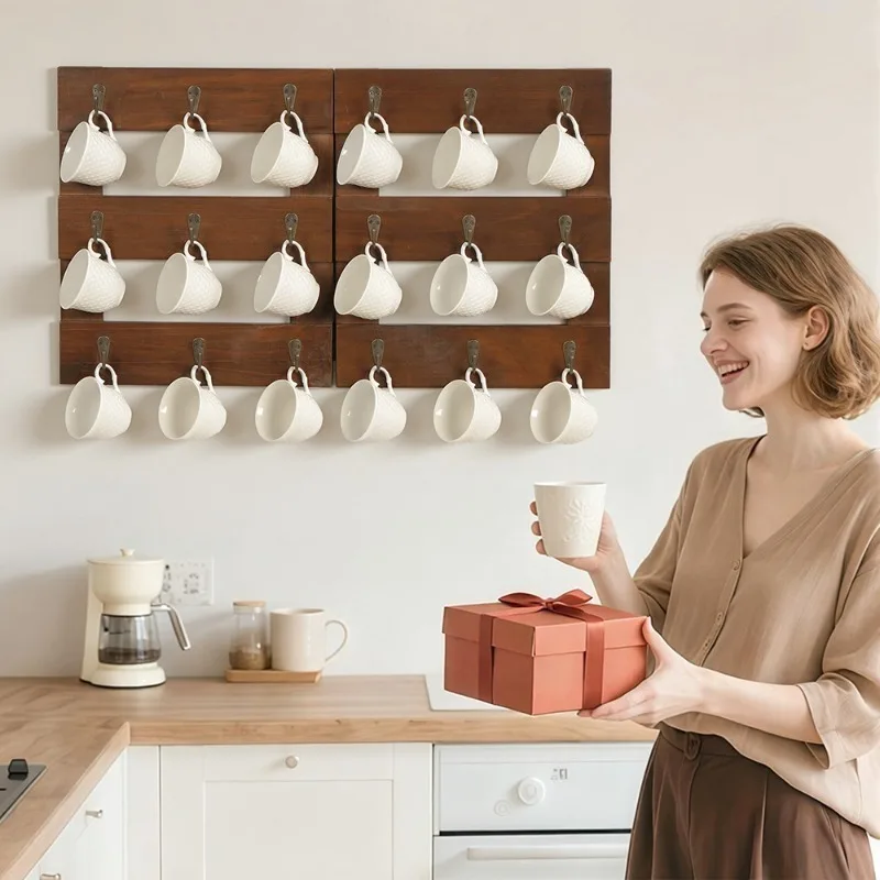 Wall Coffee Cup Holder Wooden Folding Teacup Stand Storage with 18 Hooks Decorative Drink Holder Kitchen Bar Corner Decoration