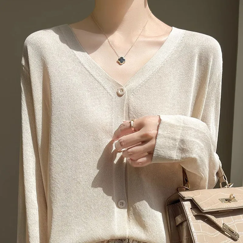 

Вязаный свитер-кардиган женский с V-образным вырезом, черный, модный, с длинным рукавом, Q3346