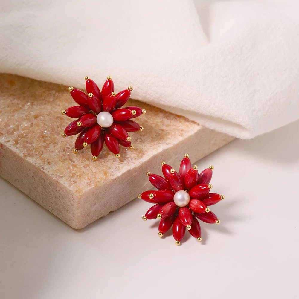 Natural Red Coral Stone Flower Freshwater Pearl Earrings Korean Style Women Luxury Jewelry Fashion Ladies and Girls Gift GE1536