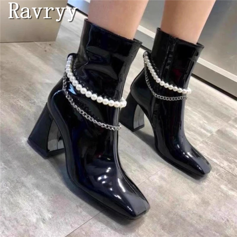 

Pearl Chain Square Toe Women Short Boots Brand New Fashion Strange Style High Heel Patent Leather Side Zipper Ankle Boots