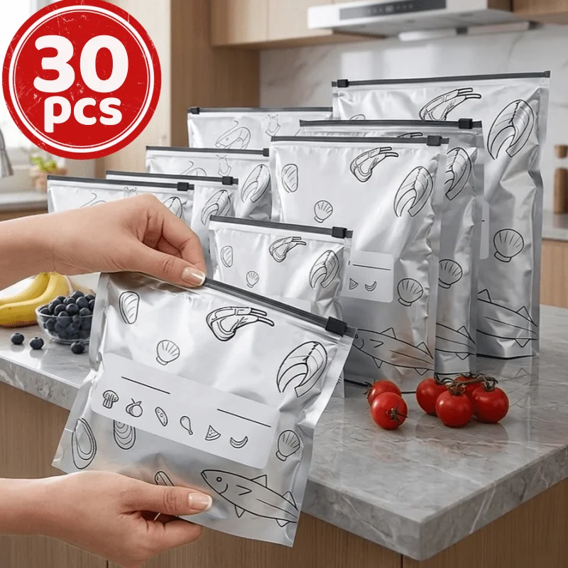 30Pcs Reusable Heavy Duty Aluminum Foil Storage Bags 3 Sizes Mixed Random Pattern Food Grade Seal Bags Freezer Food Organizing K