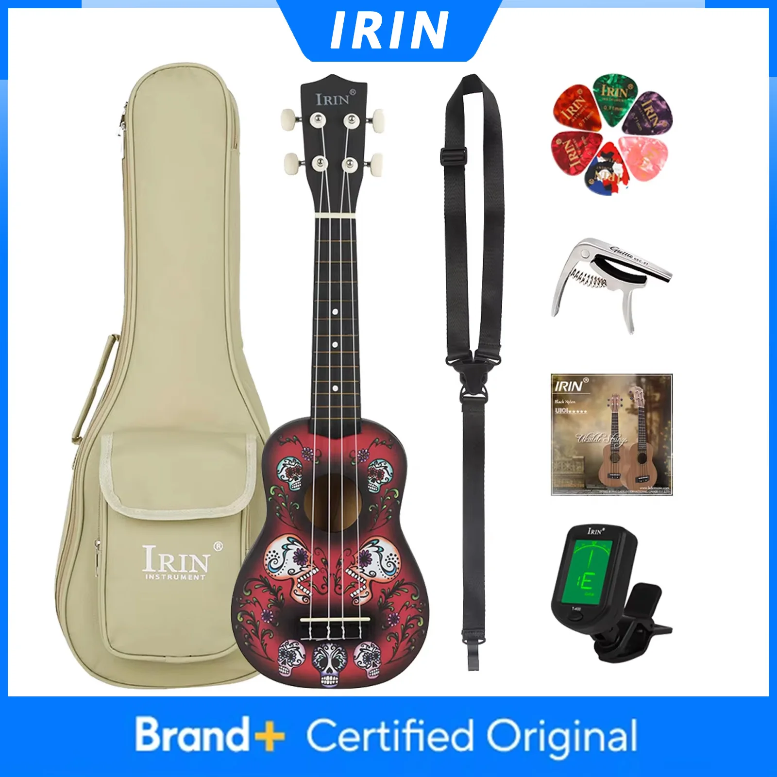 

Укулеле IRIN 21 дюйм, 4 струны, гавайская гитара, укулеле с рисунком черепа, с чехлом, струнами, медиаторами, тюнером, запчасти и аксессуары для гитары