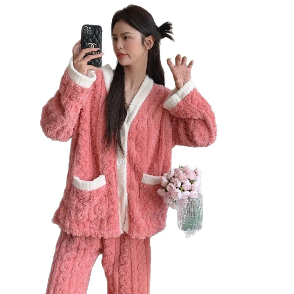 طقم بيجامة نسائي من Pjs بيجامة شتوية دافئة ملابس منزلية عصرية، طقم بيجامة لطيف وناعم سترة سميكة