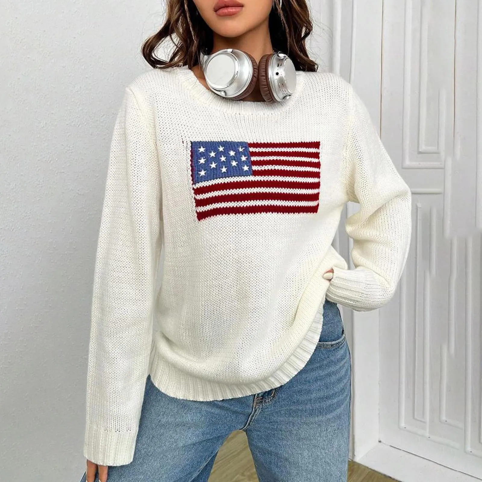 Womens Sweaters Tops Long Sleeve Flag Usa Knit Sweatshirt Memorial Day Loose Shirts Elegant New Knit Female Jumper Stylish