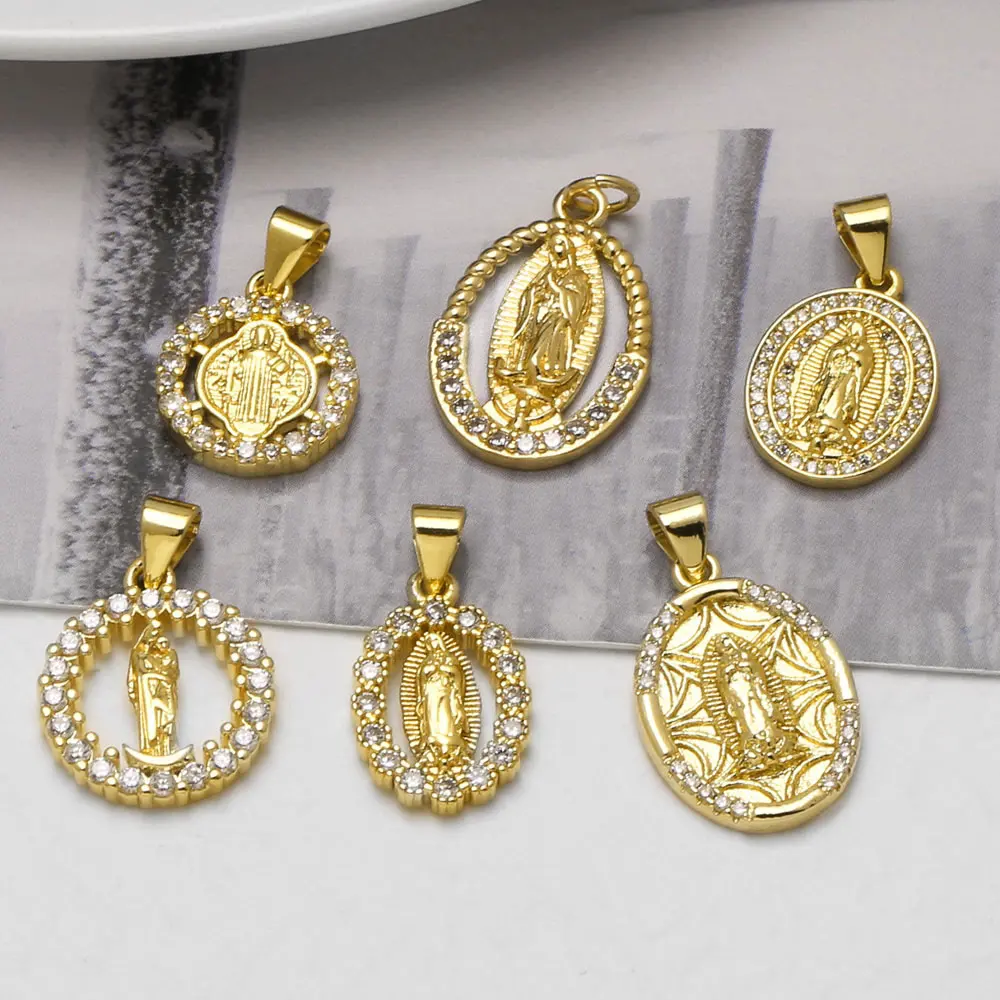 OCESRIO White Crystal Virgin Mary Pendant Copper Gold Plated Religious Virgin of Guadalupe Medal Charm for Jewelry DIY chma649
