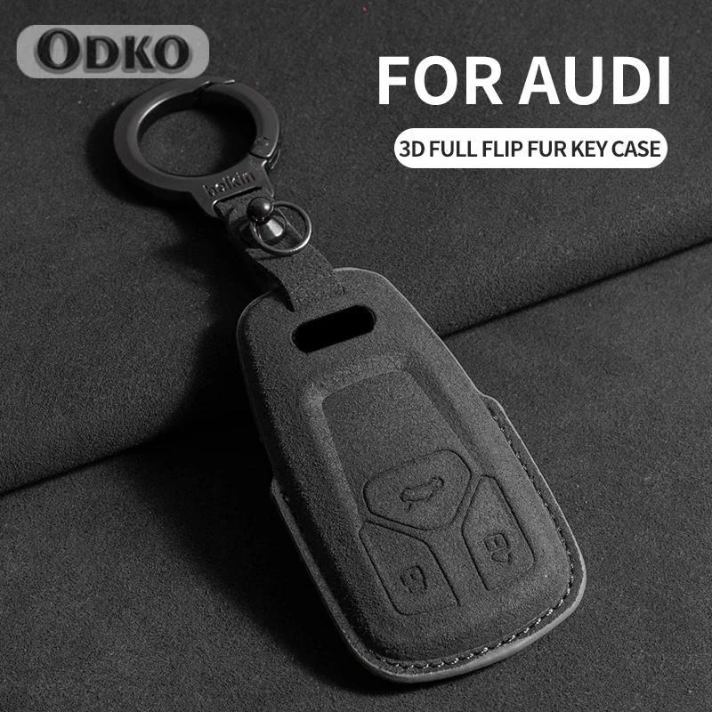 Leather Car Key Case Fob For Audi A6 A4 A5 A7 A8 C8 Q8 8S 8W Q7 B9 4M S5 S4 S7 D5 TT TTS TFSI E-Tron Keychain Suede Accessories