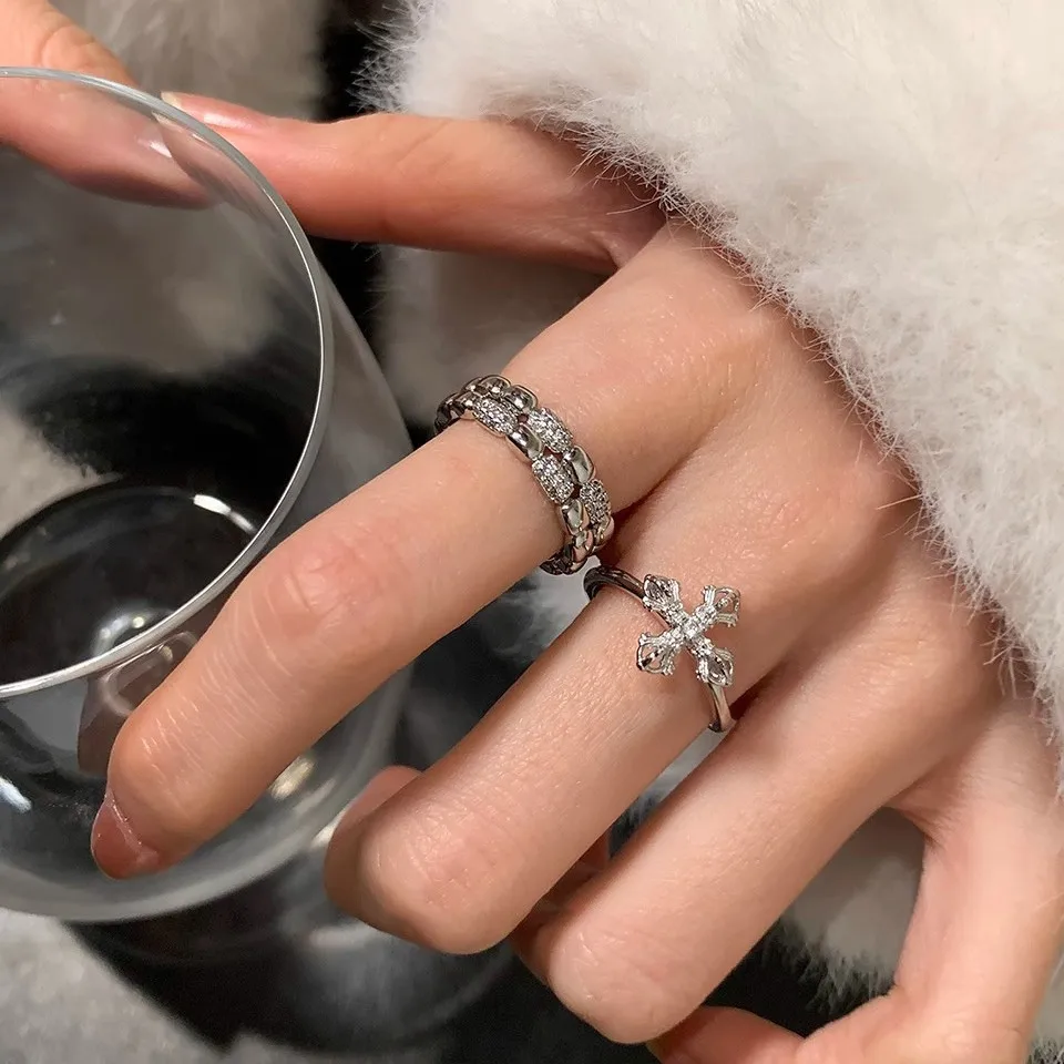 Ring Cross Flower Cubic Zirconia Index Finger Stackable Open Adjustable Elegant Premium Gold Tone Alloy Jewelry Women