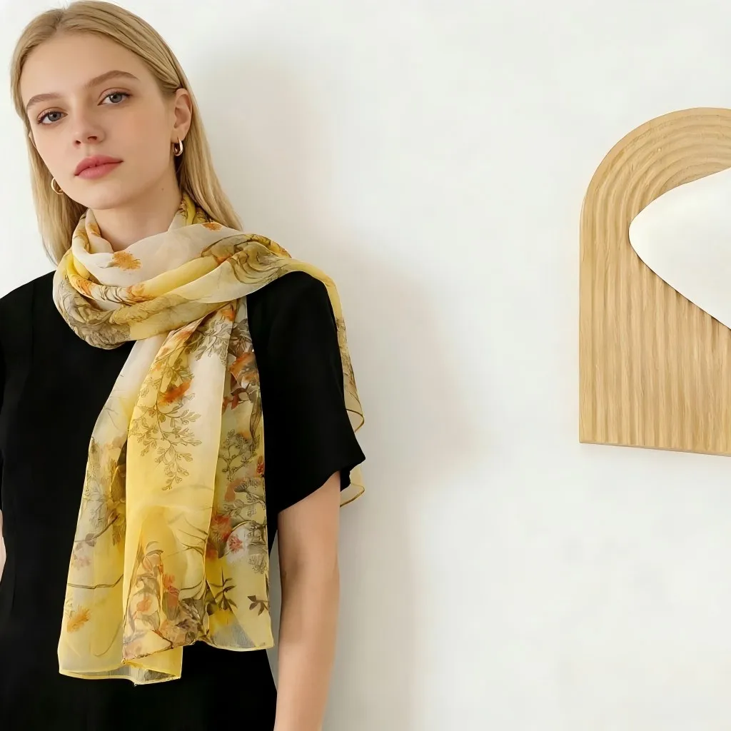 Neue Mode Blumen pflanzen Chiffon seidig Georgette Schal Frauen geometrischen Druck lange weiche Wickel Schal Strand Kopftuch Schals – Detail 3