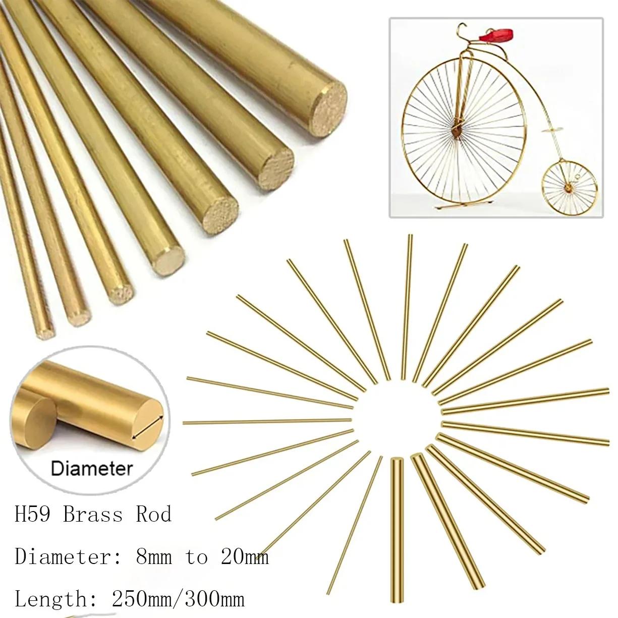 H59 Brass Round Bars Solid Rods Length: 250mm/300mm Diameter 8/10/12/13/14/15/16/17/18/19/20/22/24/25/26/28/30mm