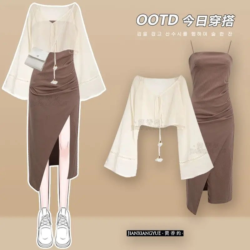

Elegant Top Skirts Set For Women V-neck Long Blouses High Waist irregular Dress 2025 New Y2k Lady Outfits