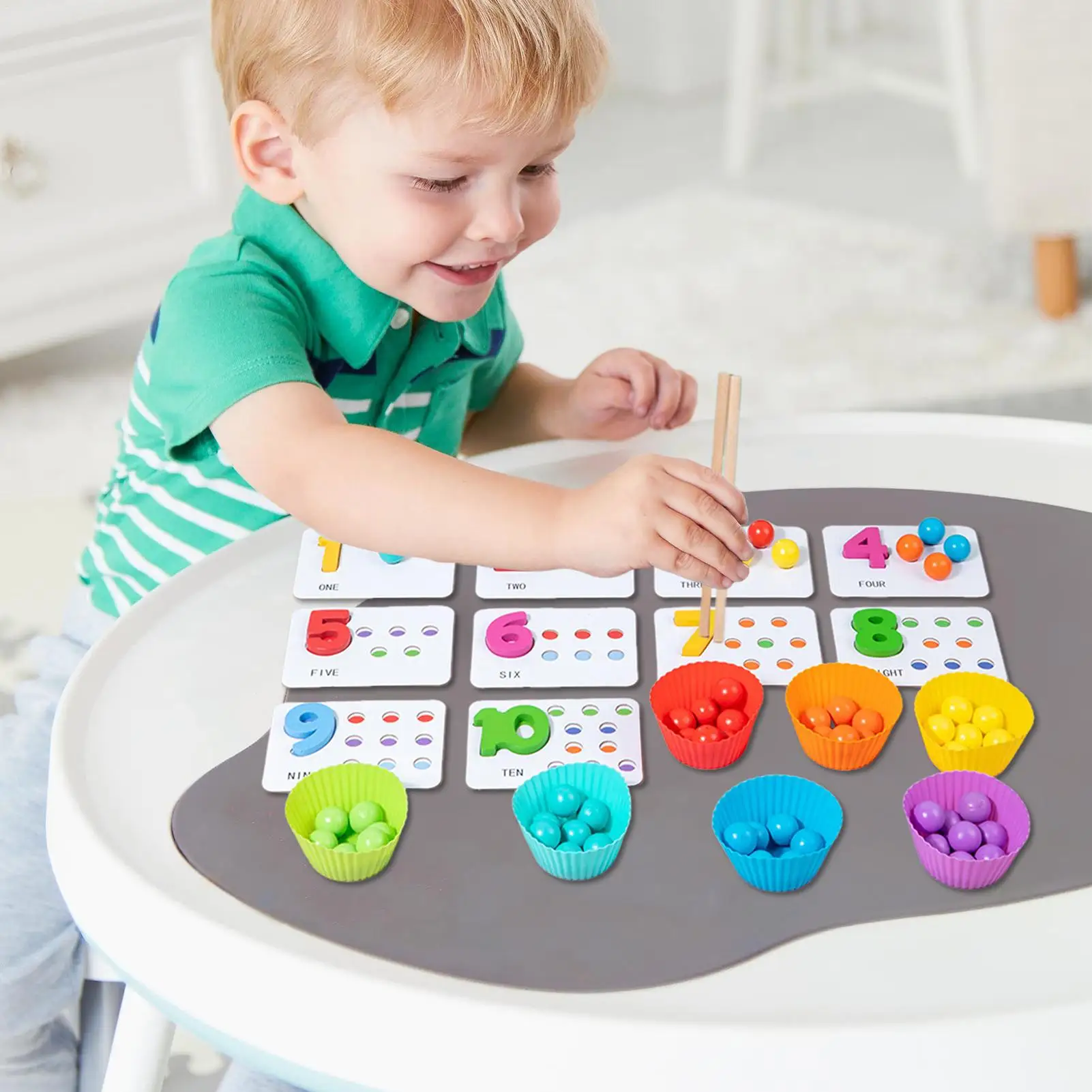 Perline di apprendimento digitale in silicone Bacchette e cucchiai Perline matematiche Giocattolo Gioco educativo colorato di riconoscimento dei numeri per bambini