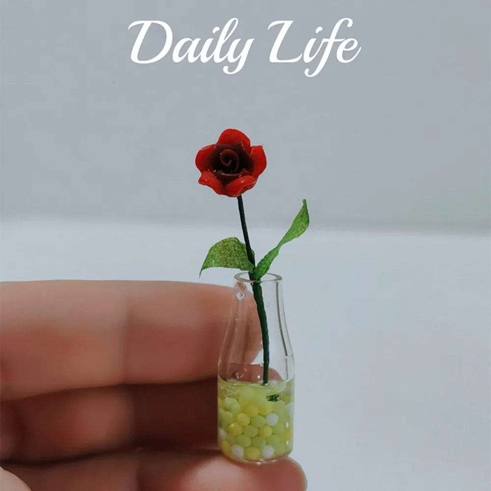 Miniature Dollhouse Miniature Rose Model Flower Vase Mini Floral 1:12 Scale Dollhouse Flower Toy Rose Creative