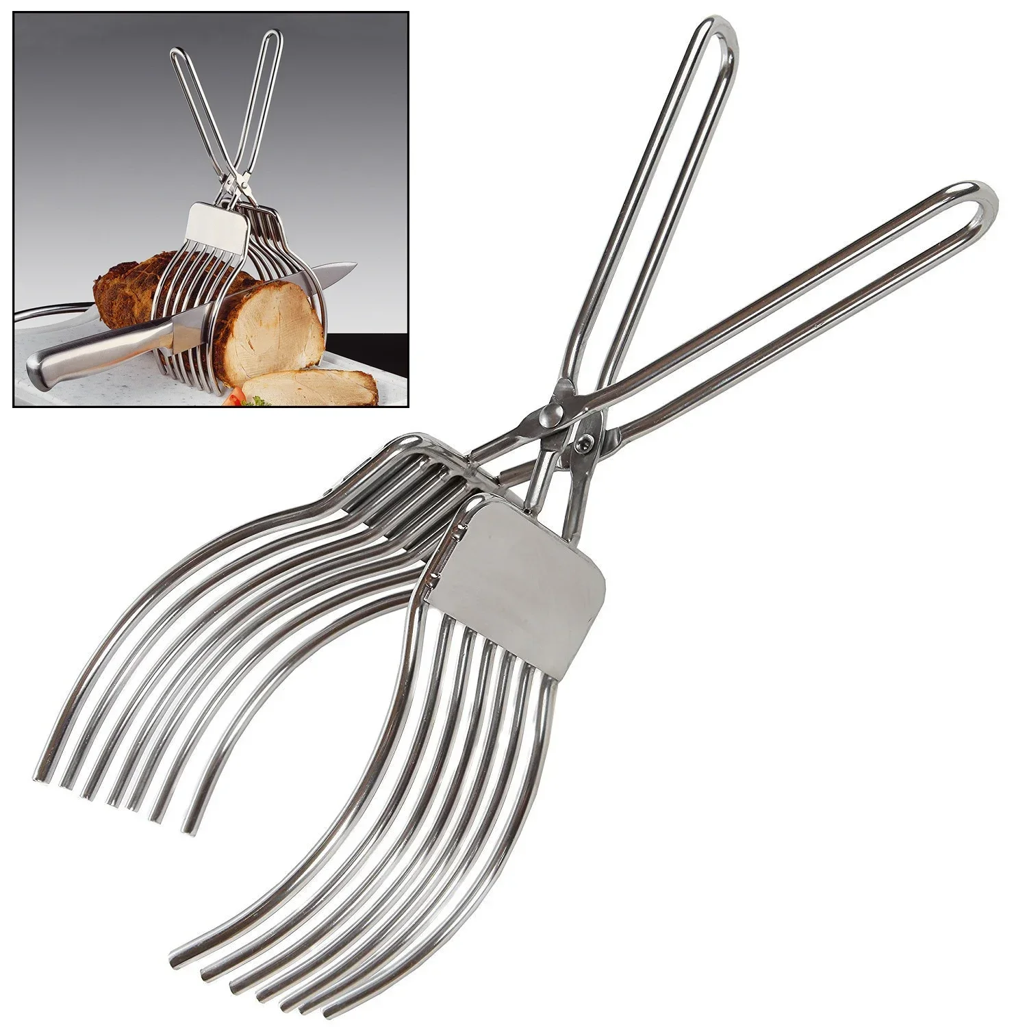 

Stainless Steel Roast Beef Cutting Tongs Meat Bread Slicing Tong Onion Tomato Holder For Slicing Vegetable Fruits Cutting Kitche