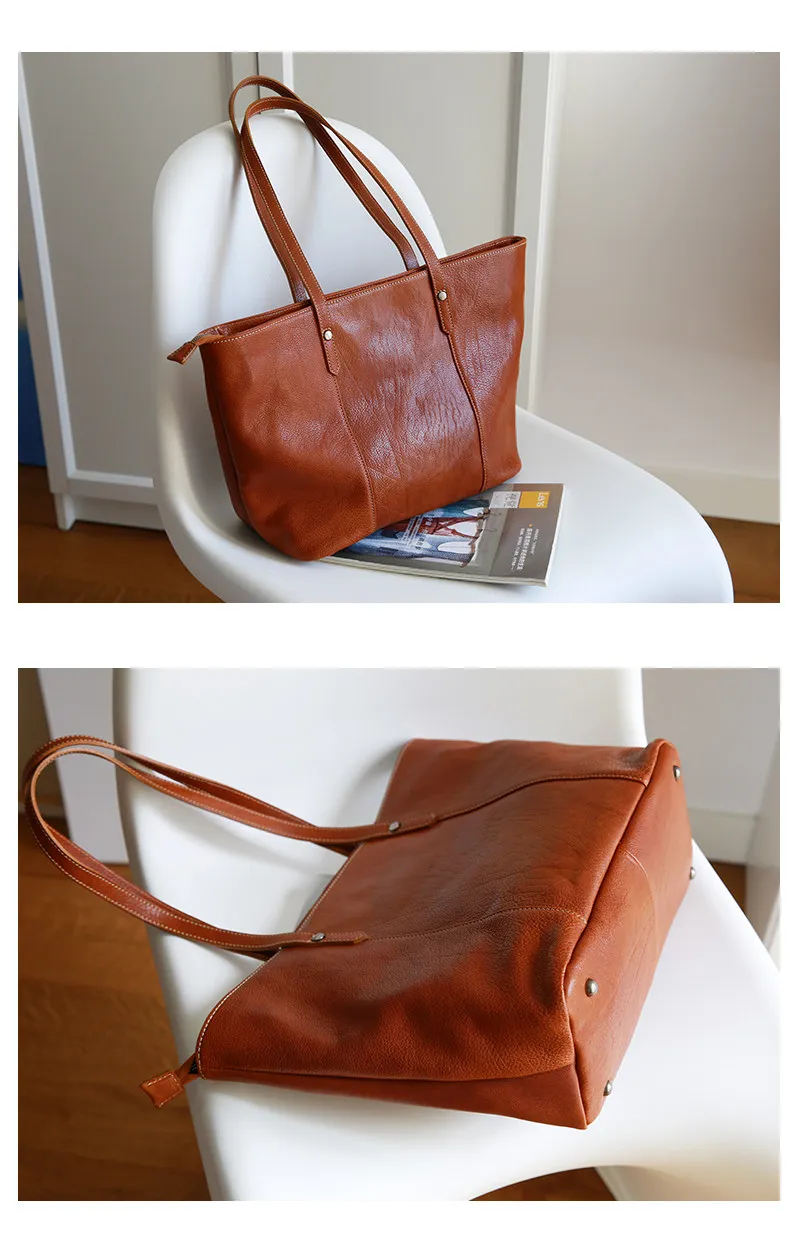 Einkaufstasche für das Wochenende, aus echtem Leder, Damenhandtasche, lässiger Luxus, handgefertigt, aus echtem Rindsleder, Damen-Umhängetasche, schlichte Handtasche. – Detail 12