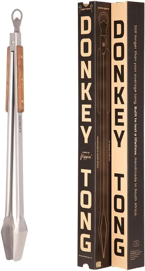 

27-Inch Heavy Duty BBQ Tongs for Grilling, Smoking, and Outdoor Cooking - Stainless Steel with Oak Handles