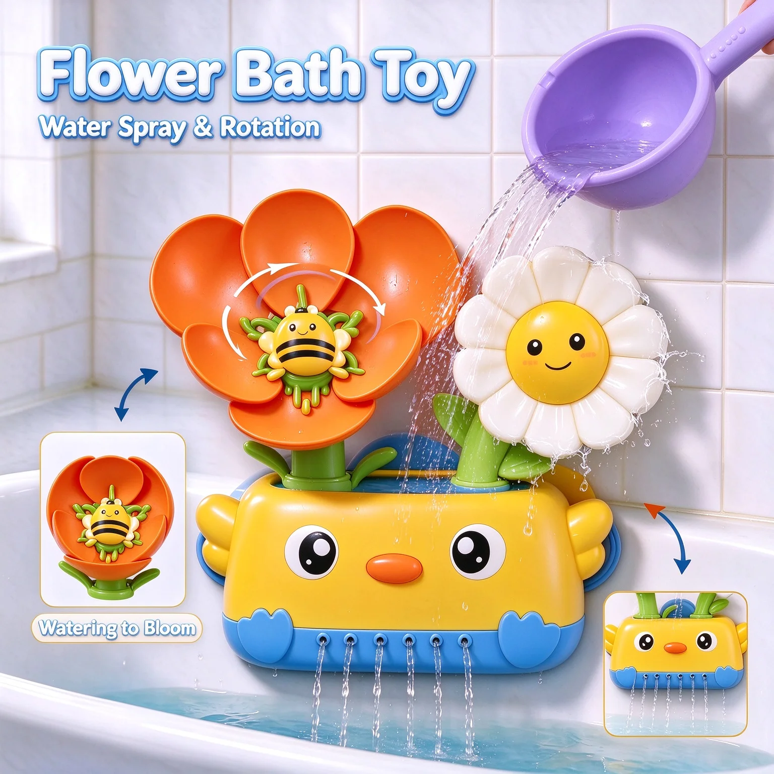 Baby Bath Flower Toy, Water Spray Rotating Bloom Bathtub gam with Purple Water Scoop, Kids Shower Wall Suction Game, Toddler Edu
