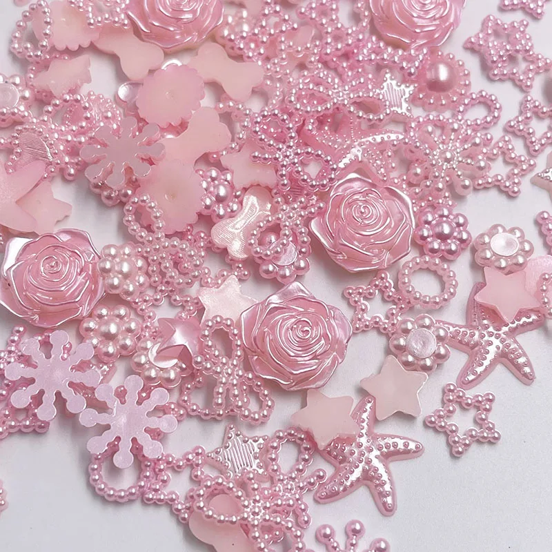 100pcs Pink ABS Resin Half Round flower Bow Alien Pearls For Art Flatback Non Hotfix Rhinestones Pearl Shoes Beads DIY