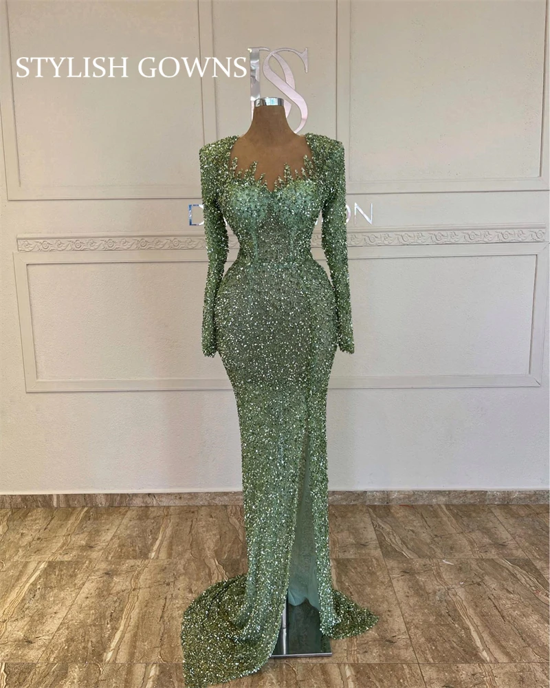 Green Luxury Sequin Evening Dresses Beads Long Sleeve Formal Prom Graduation Party Gowns For Wedding Customized ?????? ?
