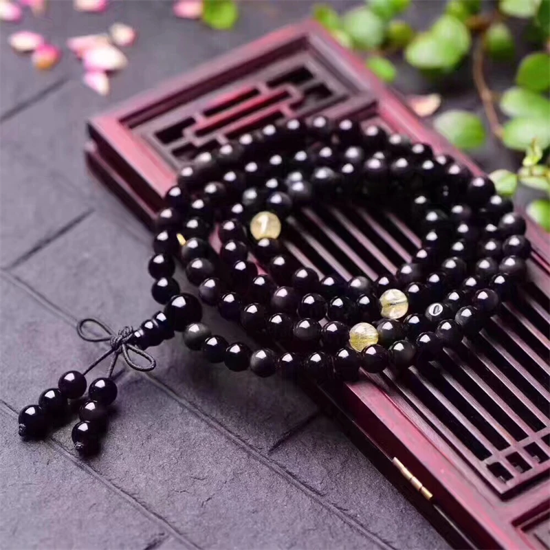 6/8/10MM Natural black obsidian rutilated quartz 108 beads Bracelet Handmade Fortune Mineral Woman Amulet Jewelry Gift 1pcs