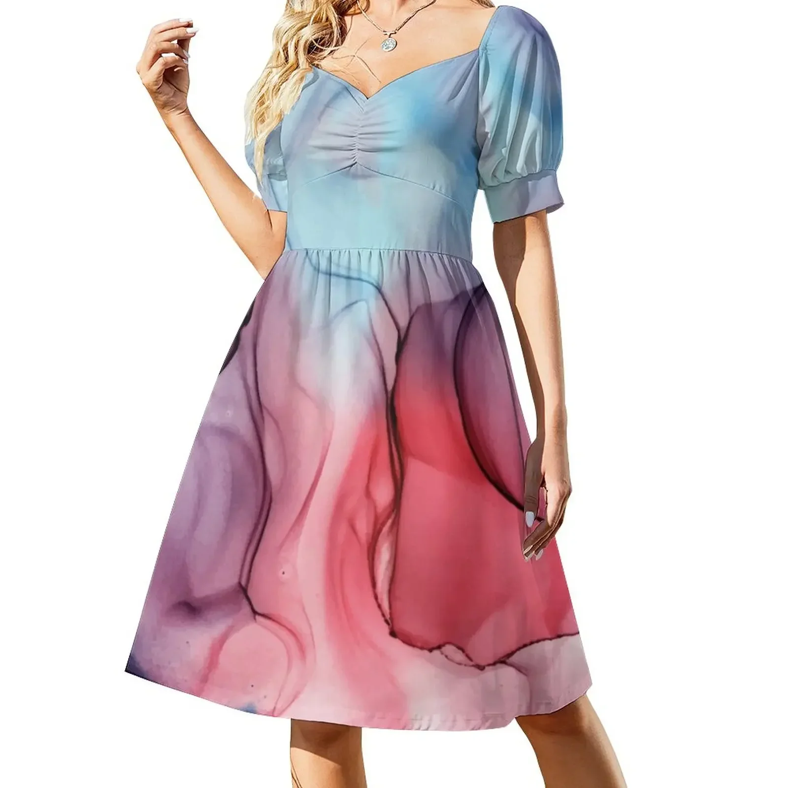 

Flame Fired Alcohol Ink Painting Short-Sleeved Dress summer clothes beach outfits for women luxury woman party dress Dress